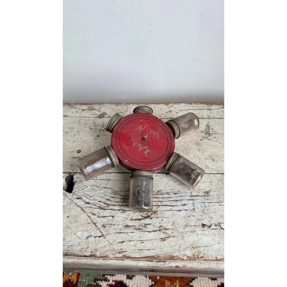 Vintage 1942 Carousel Hardware Organizer Red Wood Glass Jar Storage